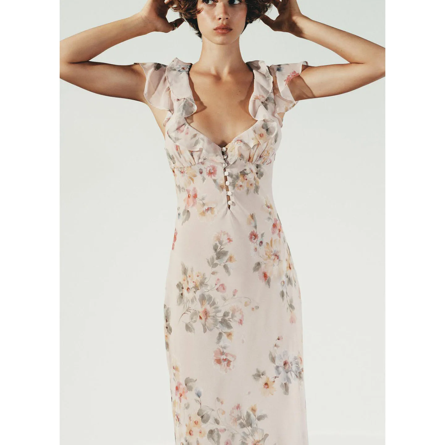 섹시한 V넥 미디 드레스 플로럴 프린트 비치 바캉스 여성 가을 패션 실크 폴리에스터 원단