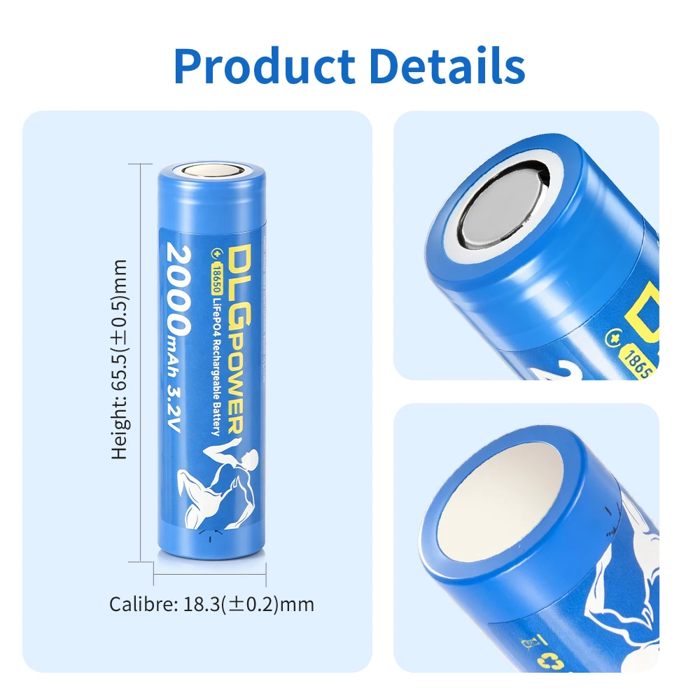 DLGPOWER 18650 LiFePo4 Rechargeable Battery 2000mAh 3.2V Rechargeable Batteries for Toys Flashlight Smoke Alarm Headlight