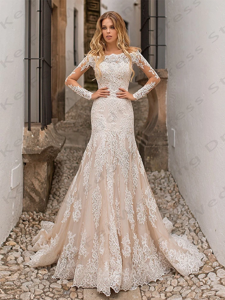 2024 Luxus Damen Brautkleider elegante Rundhals Spitze Applikation Meerjungfrau Prinzessin Brautkleider formelle Begrüßung Gast kleid de