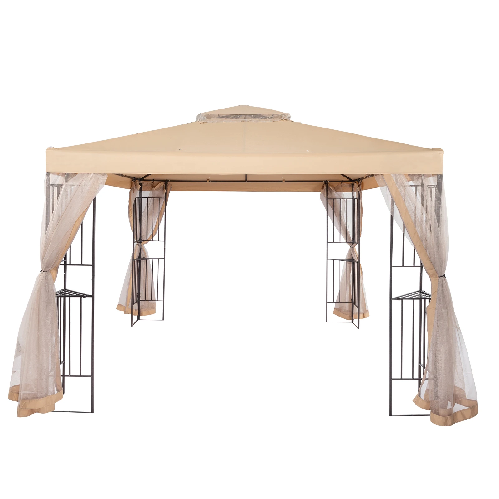 [Flash Sale]10'x10' Steel Outdoor Patio/Gazebo/Garden Canopy W/Removable Mesh Curtains 2-Tier Roof Beige Top Cloth[US-Stock]