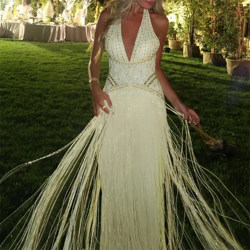 

Изысканное вечернее платье с высокой талией, V-образным вырезом, стразами и бахромой, элегантное, без рукавов, с открытой спиной, для выпускного вечера и банкетов