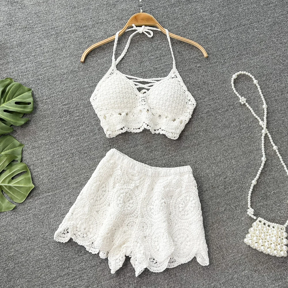 

Elegant 2-Piece Sets Beach Women Summer Vacation Backless Camisole Elastic Waist Shorts Hollow Out Y2K Beach Style Suits 2025