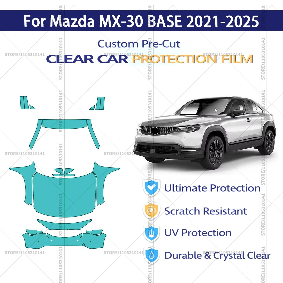 

Для Mazda MX-30 BASE 2021-2025: Предварительно вырезанная прозрачная защитная пленка (PPF) для автомобиля, профессиональный комплект для передней части кузова