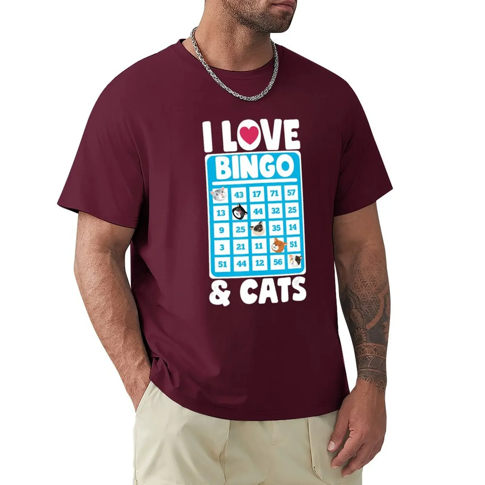 plain tees anime mens workout shirtsI Love Bingo And Cats Lucky Board Games Lover T-Shirt Round Collar harajuku Crewneck 2024