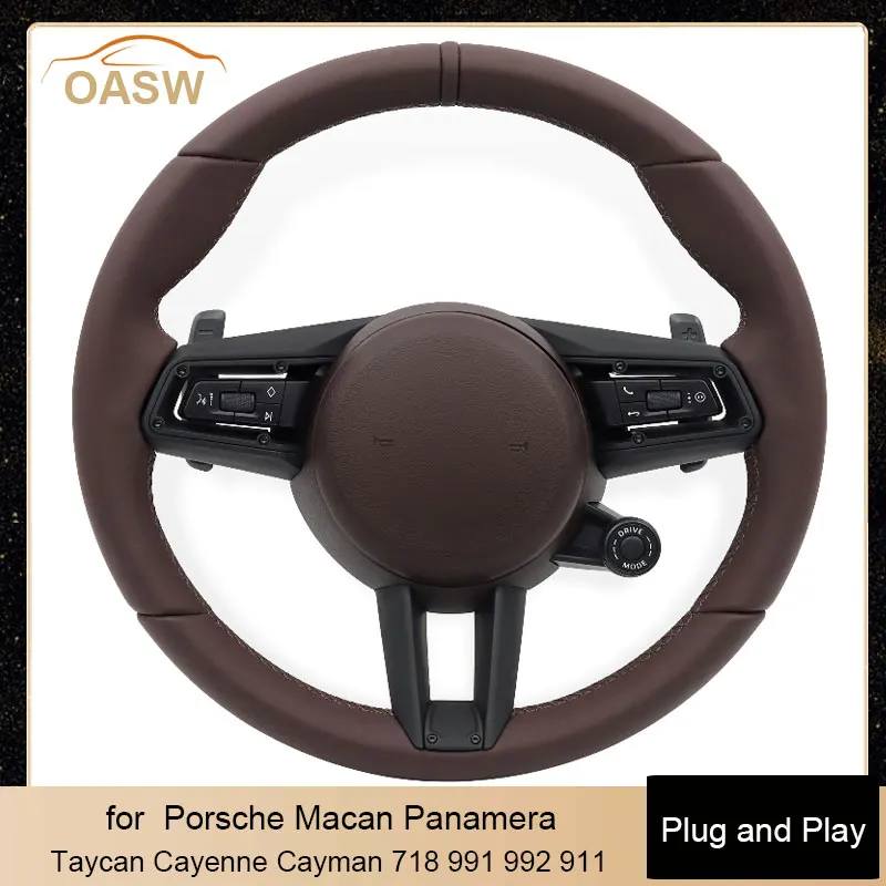 

Коричневый кожаный автомобильный руль с режимом привода для Porsche Macan Panamera Taycan Cayenne Cayman 718 991 992 911 OEM любого цвета