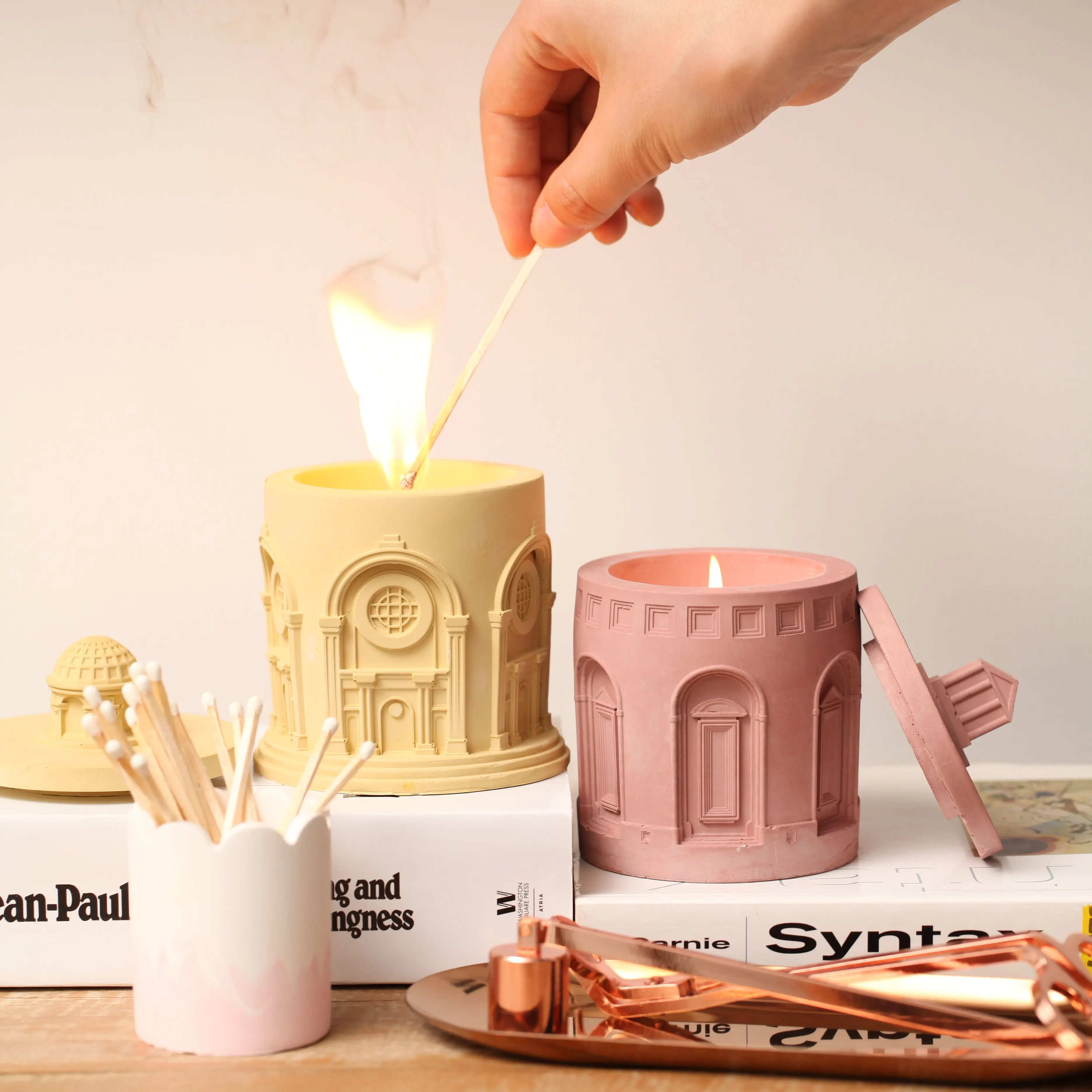 Architectural Candle Jar Silicone Mold for Concrete Matchstick Holder Mould with Striker Papers Candle Vessel Jesmonite Mould