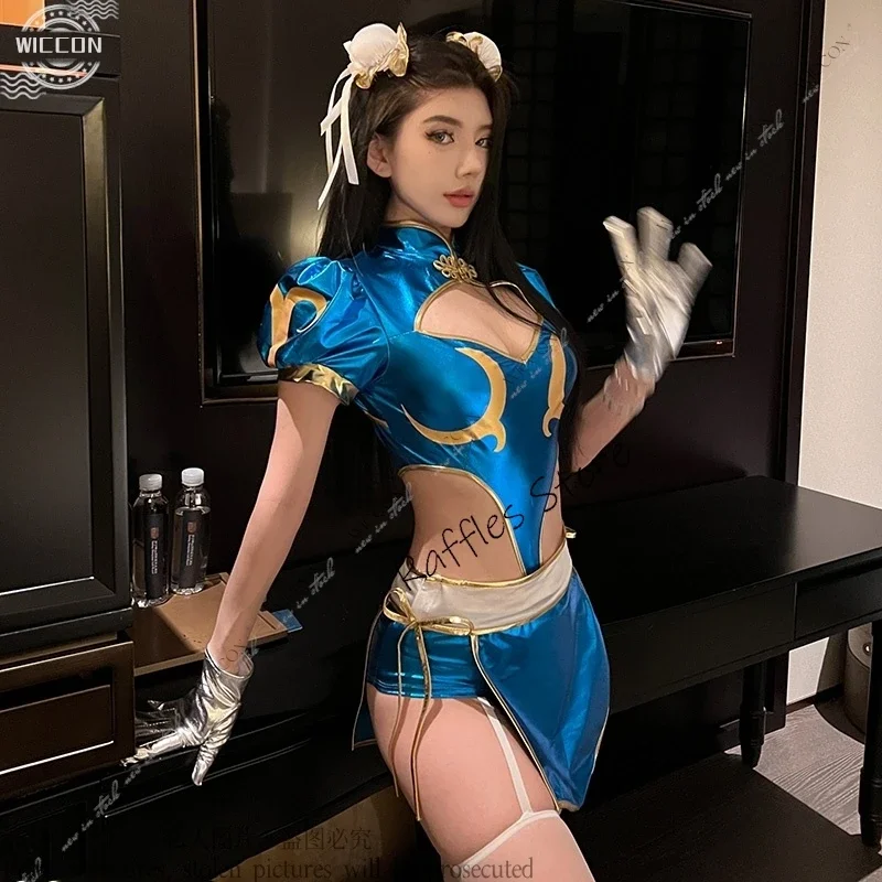 MN1 Chunli คอสเพลย์เครื่องแต่งกายเสื้อกางเกงผ้ากันเปื้อน Headwear ถุงเท้าถุงมือ Slit Cheongsam ชุดเซ็กซี่บทบาทเล่น Fanart Festivals8/yG