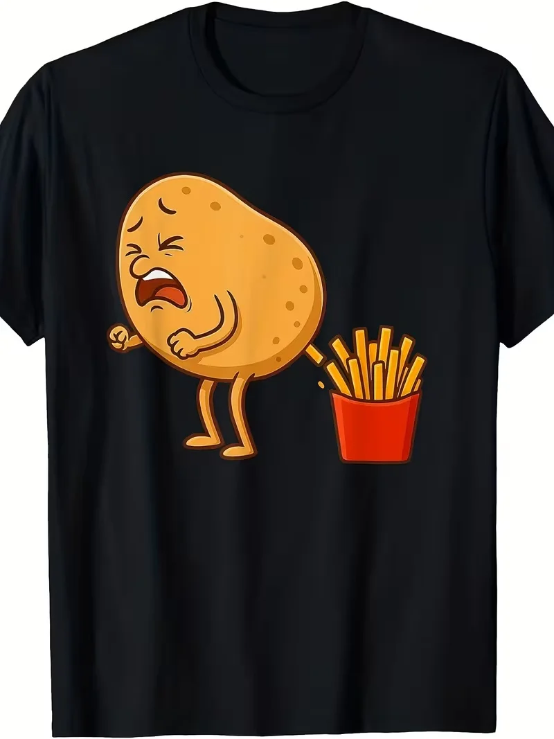 Cute Mashed Potatoes and French Fries T-shirt, Fun Food, Humorous Print, Unisex Cotton Short Sleeved Street Wear T-shirt