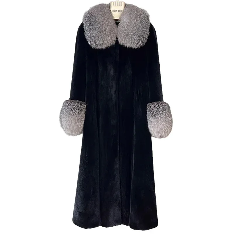 NEW Autumn Winter Long Fur Coat Women Fox Fur Collar Thickened Warm Windbreaker Luxury Brand Slim Long Sleeve Faux Fur Coat Blac