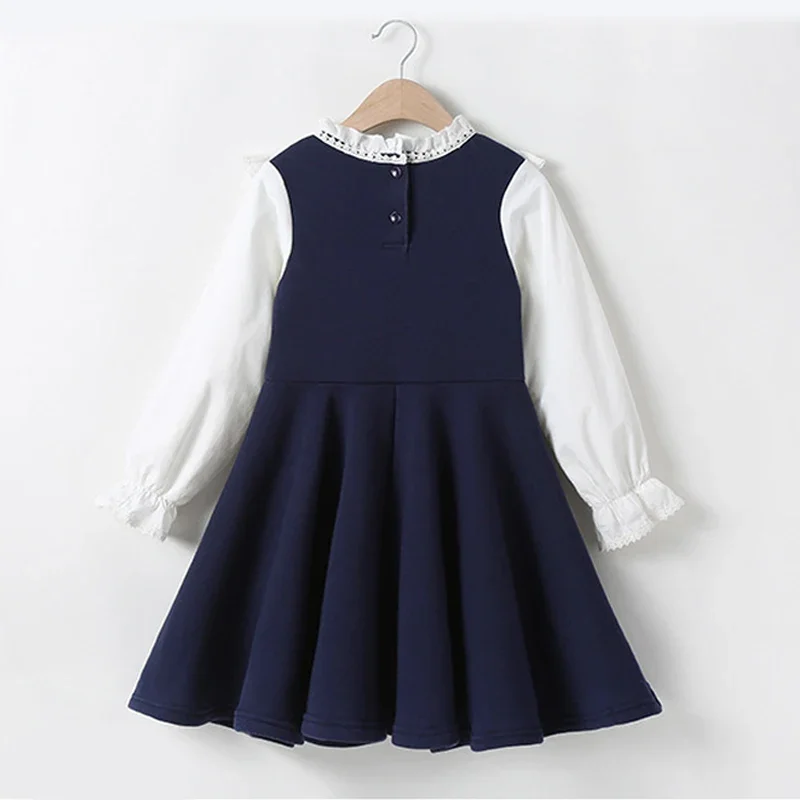 Bear Leader School New Girls Clothing Dress Baby Casual Dress Kids Patchwork Fall Clothes Children Long Sleeve Dress Blue White