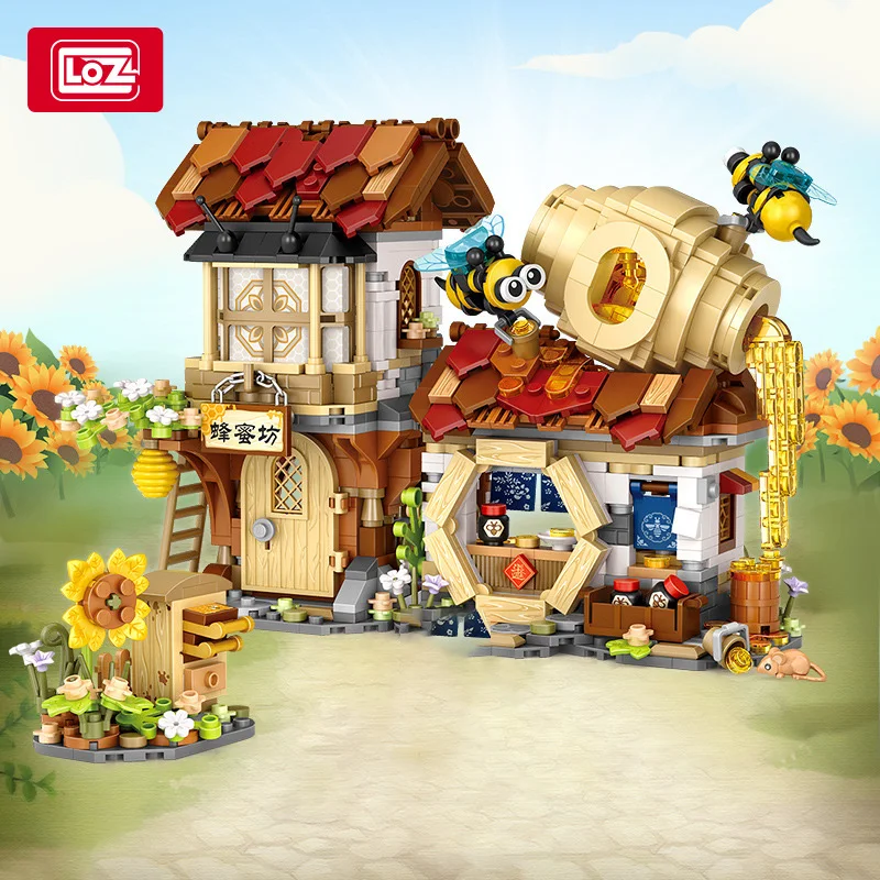 LOZ Street View Two Brothers Butcher shop Bee Shop Express station Grocery store model decoration children\'s building blocks toy