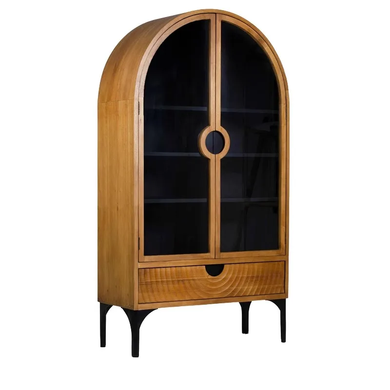 American Solid Wood Bookcase Living Room Arch Decorative Cabinet Light Luxury Wine Cabinet Modern Glass Door Locker