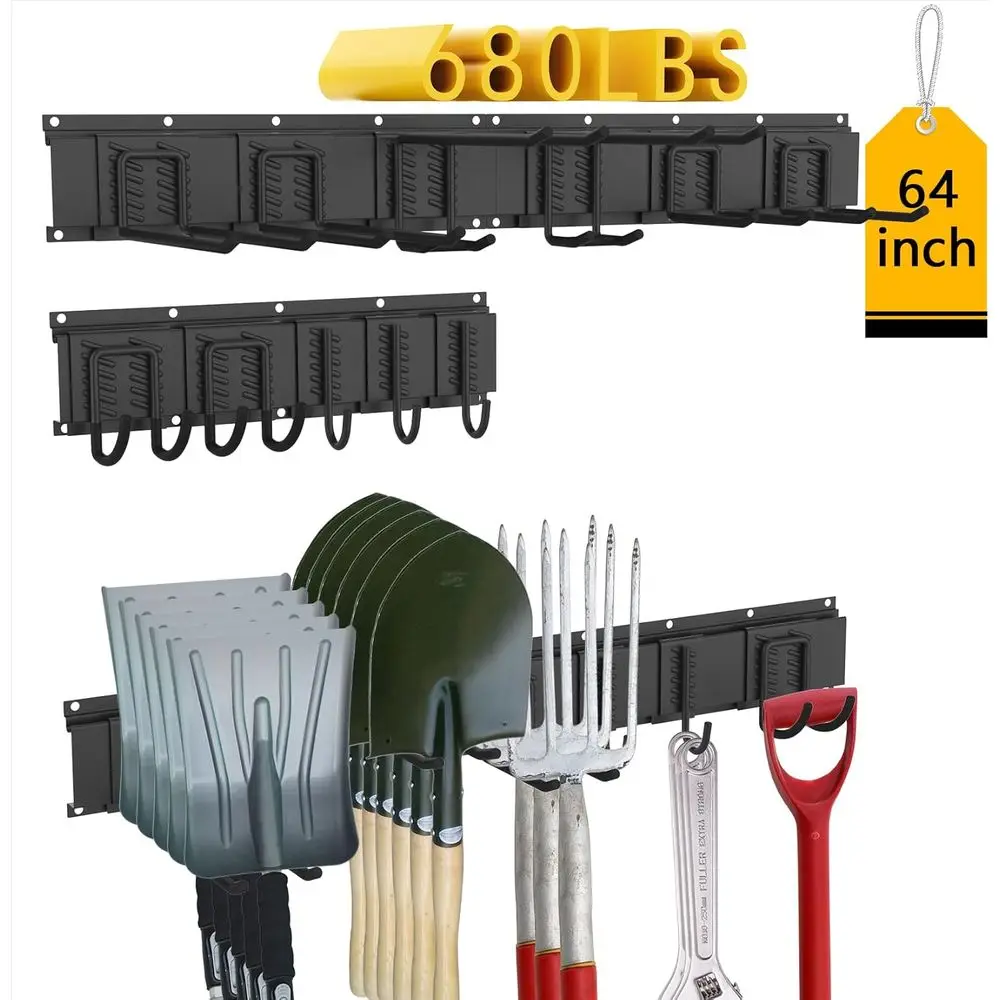 

64-Inch Wall-Mounted Garage Organizer with 11 Adjustable Hooks, Holds 680lbs, Ideal for Tools, Yard, Shed, and Workshop (Black)
