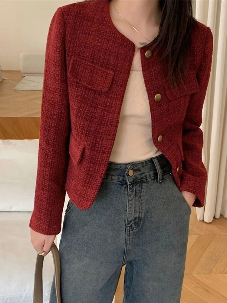 

Zoki Women Slim Vintage Jacket Fall Winter Long Sleeve Sweet Elegant Coat French Casual Female O Neck Single Breasted Retro Tops