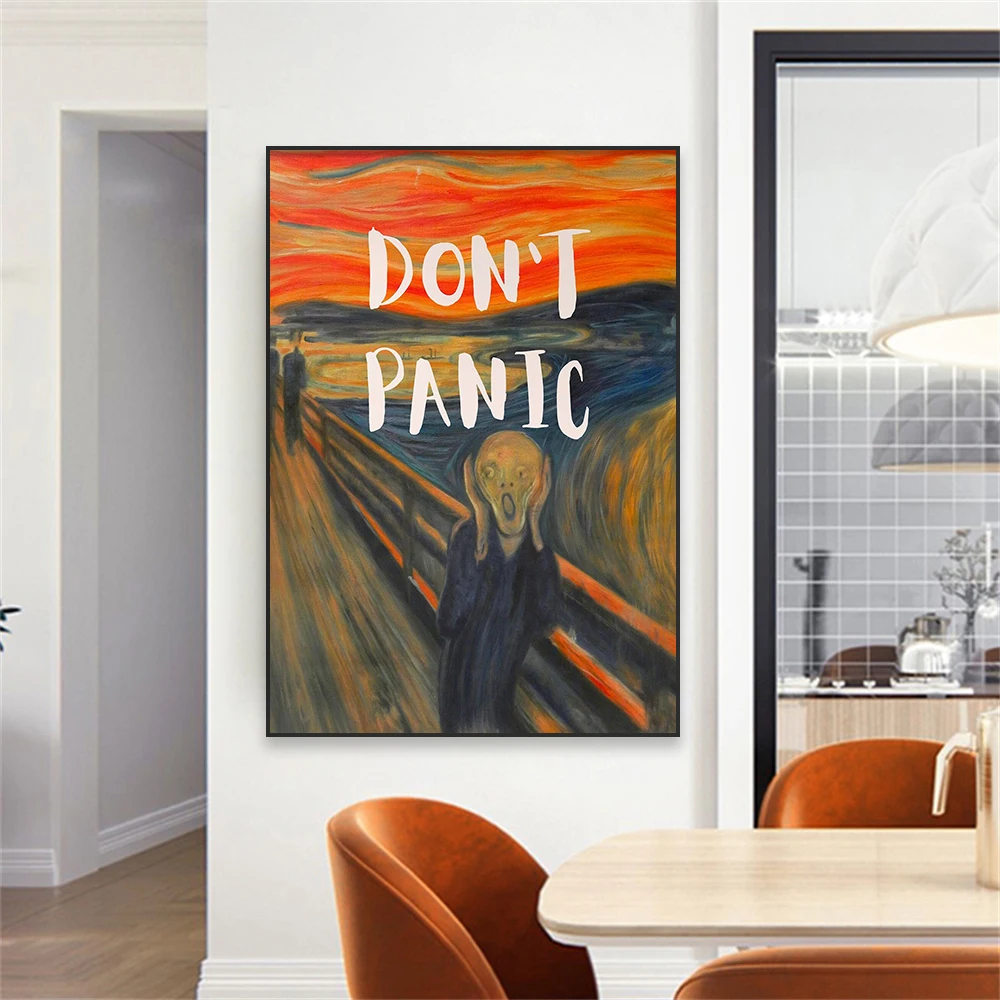 Funny Vintage Altered Oil Painting Prints Retro White Quote Canvas Painting The Scream Don't Panic Art Poster Home Bedroom Decor