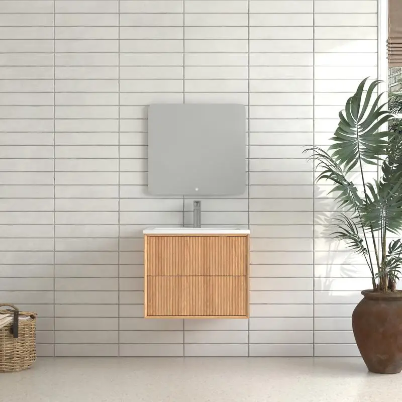 Juego de tocador de baño flotante montado en la pared de 24", gabinete de madera maciza con 2 cajones de almacenamiento, fregadero integrado de resina blanca