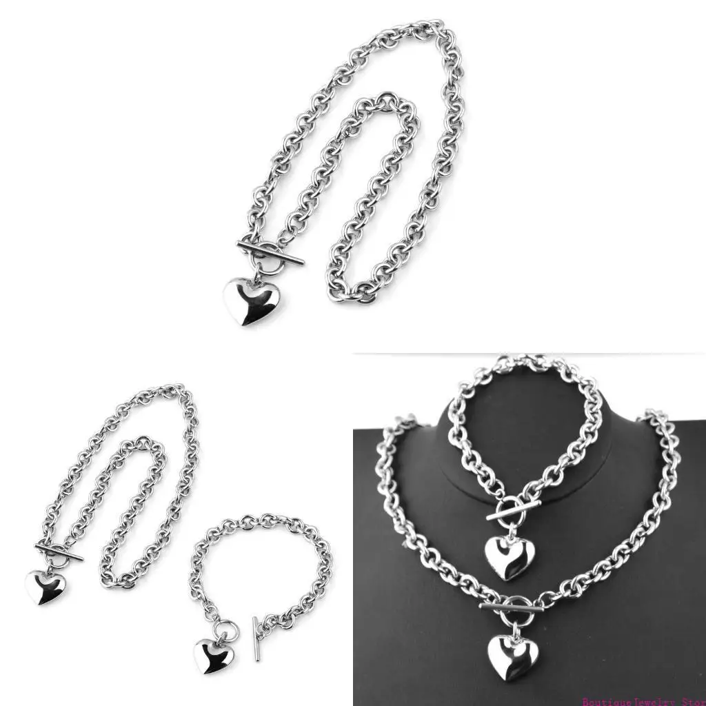 E1PE Fashion Stainless Steel Chain Heart Shaped Toggle Bracelet Pendant Necklace Jewelry Decoration Gift for Friends Sisters