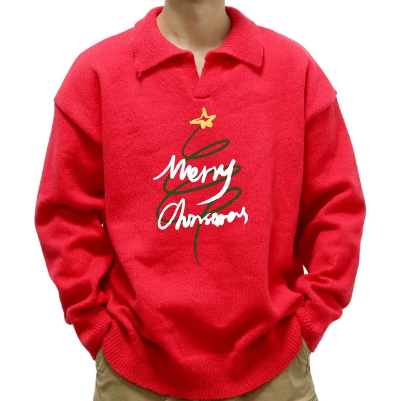 Men's Christmas Hot Paint Casual Knitwear Autumn and Winter Lapel Pullover Sweater Men's and Women's Lovers