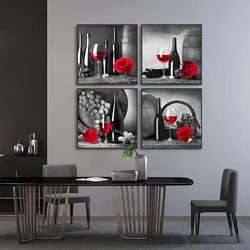 Kitchen Wall Art Decor Pictures Red Wine Glass Rose Painting on Canvas Poster and Prints Home Decoration Dining Room Restaurant