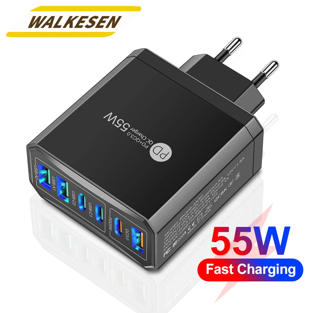Cargador USB tipo C de carga rápida 3,0, adaptador de carga rápida de pared para iPhone 15, 14, Xiaomi, Samsung, Huawei, 55W y 6 puertos