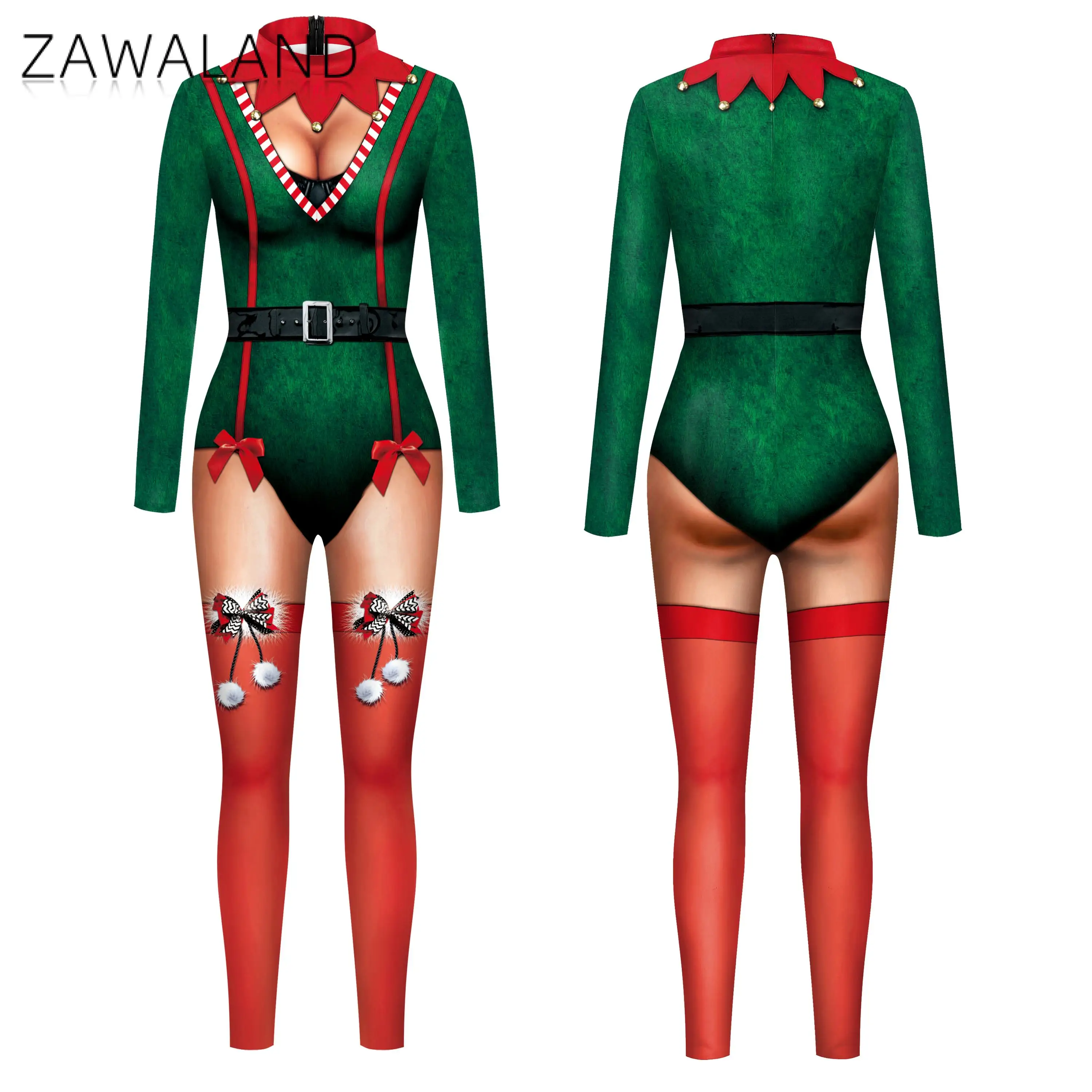 Zawaland Christmas manica lunga Festival Party Performance Costume stampato in 3D Zentai Cosplay Zipper Spandex Catsuit body