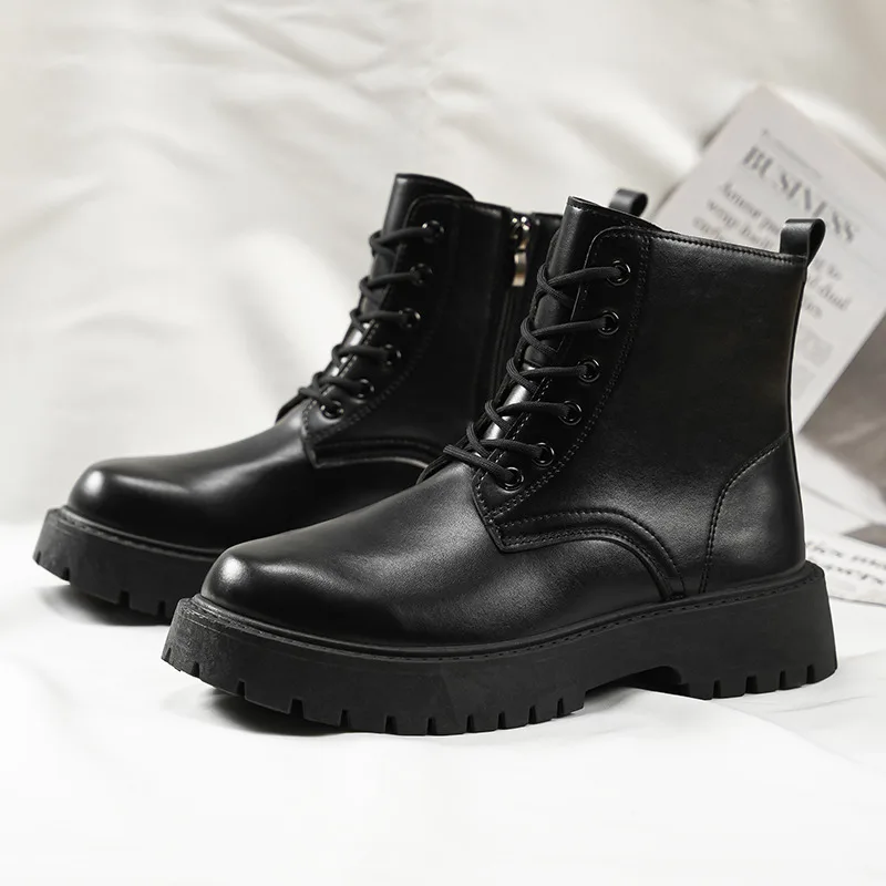 

British Style Mens Black Boots Platform Lace-Up Motorcycle Boots Man Comfort Leather Ankle Boots For Men Shoes botas para hombre