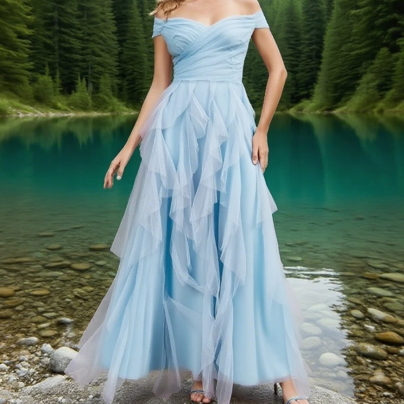 

Blue Off - Shoulder Tulle Prom Dress Layered Ruffle Skirt Elegant Formal Gown for Evening Events Perfect