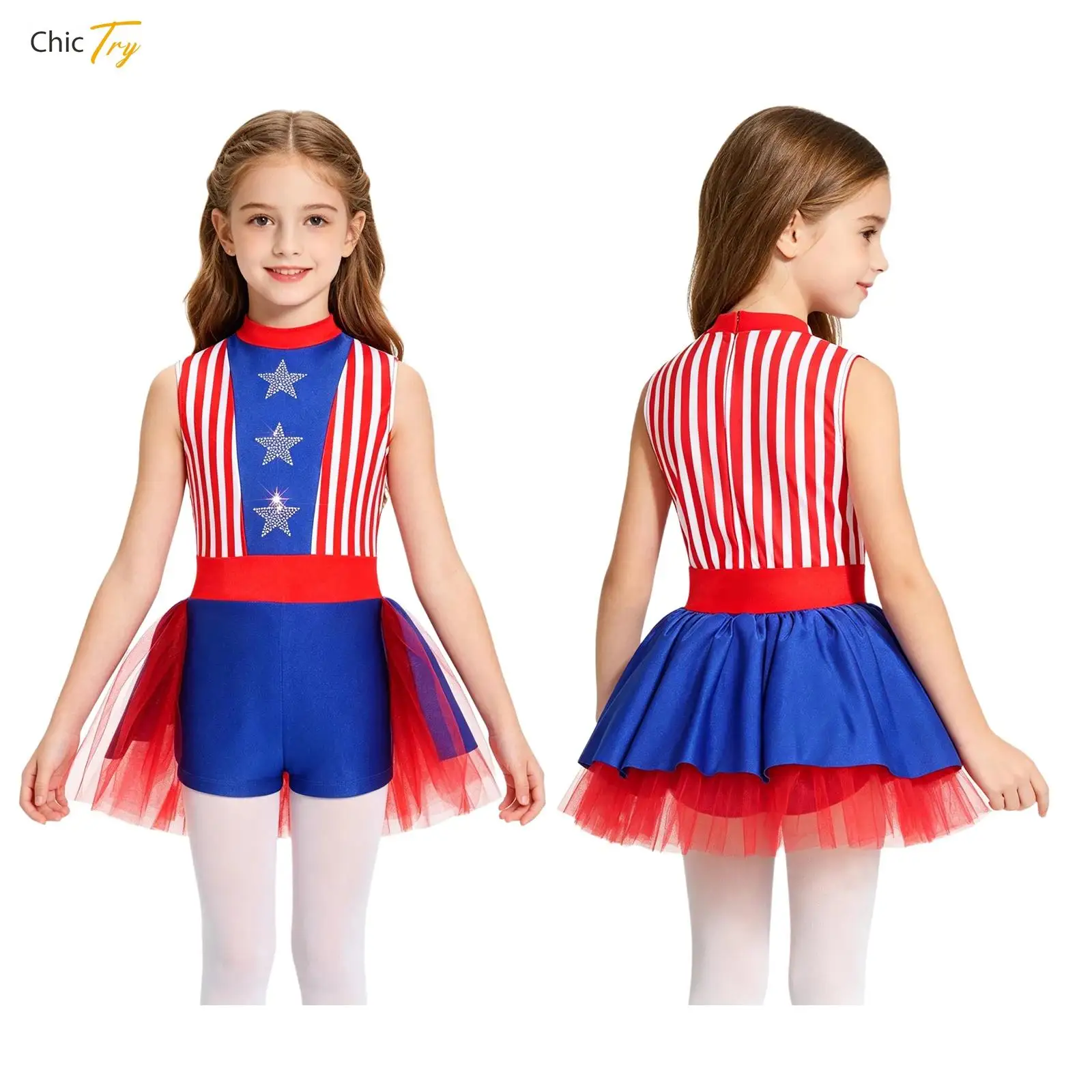 Girls Independence Day Festival Costume Rhinestone Stars Striped Color Block Dance Jumpsuit Ballet Tulle Tutu Skirted Leotards - view 2