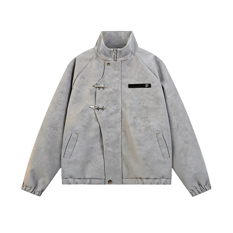 Men Vintage Faux Suede Stand Collar Jacket Metal Buckle Decor Zipper Loose Retro Pilot Bomber Coat Streetwear Casual Outerwear