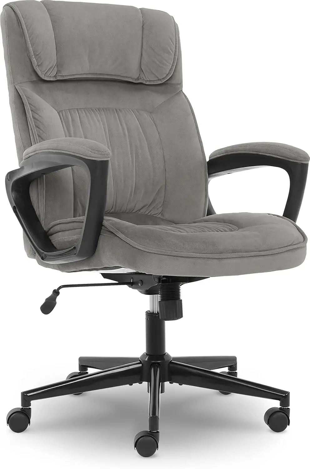 

Executive Office Chair Ergonomic Computer Upholstered Layered Body Pillows Contoured Lumbar Zone Base Fabric Black Grey