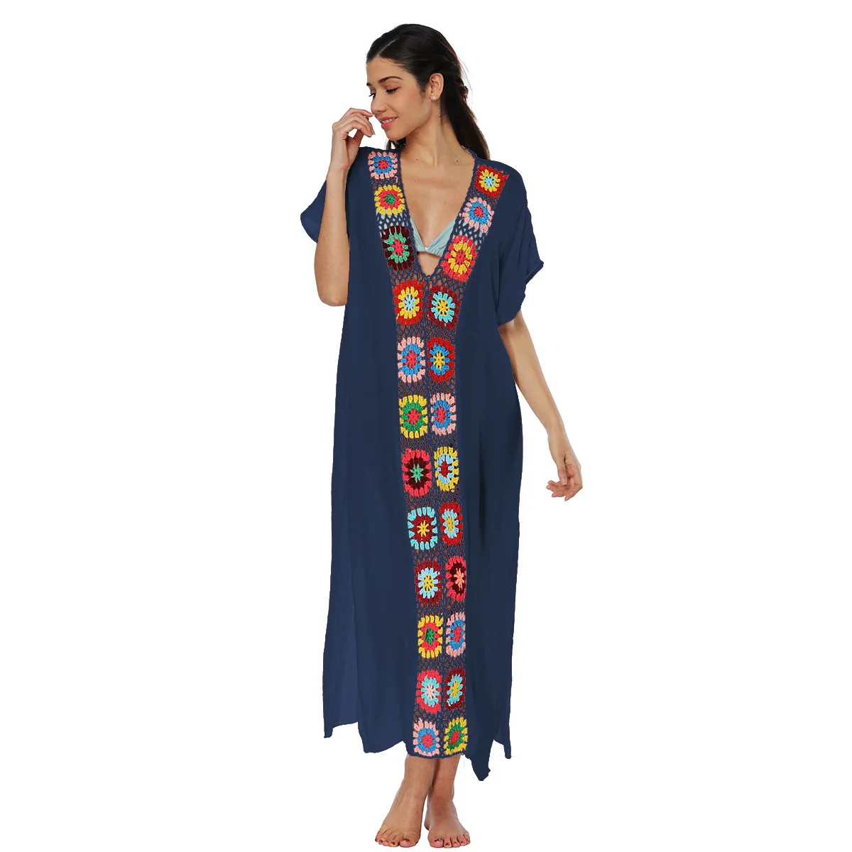 Multicolored Long Beach Dress Swimsuit Cover Ups for Women Color Hand Crochet Flowers Patchwork Casual Loose Short Sleeve V Neck