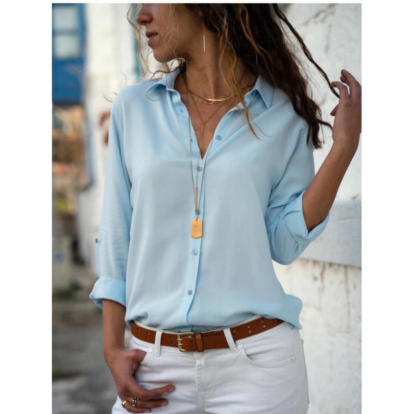 Autumn Shirt Women's Polo Collar Office Lady blouse Vintage Shirt Loose Button Up Down Shirts Fashion Tops