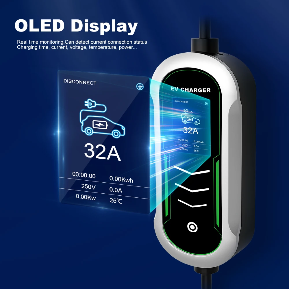 IPENGEN Portable EV Charger Type2 IEC62196 7KW CEE Plug 32A Adjustable Current Fast Charging Controller Box Electric Vehicle Car