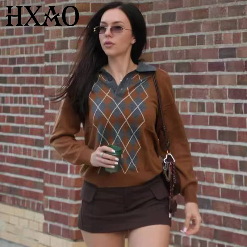

HXAO Argyle Polo Knitwear Women's Sweater Autumn 2025 Chic Crop Long Sleeve Tops Pullovers Sweaters & Jumpers Cozy Light Sweater
