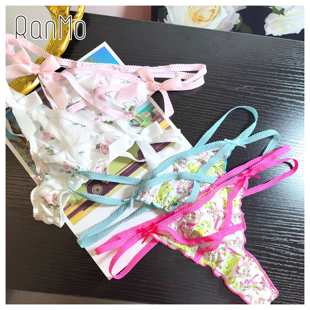 Sexy Knitted Polyester Thong Breathable Girl/Lady Underwears with Low-Rise Printed Flower Pattern Invisible Lingeries Sexy Hot