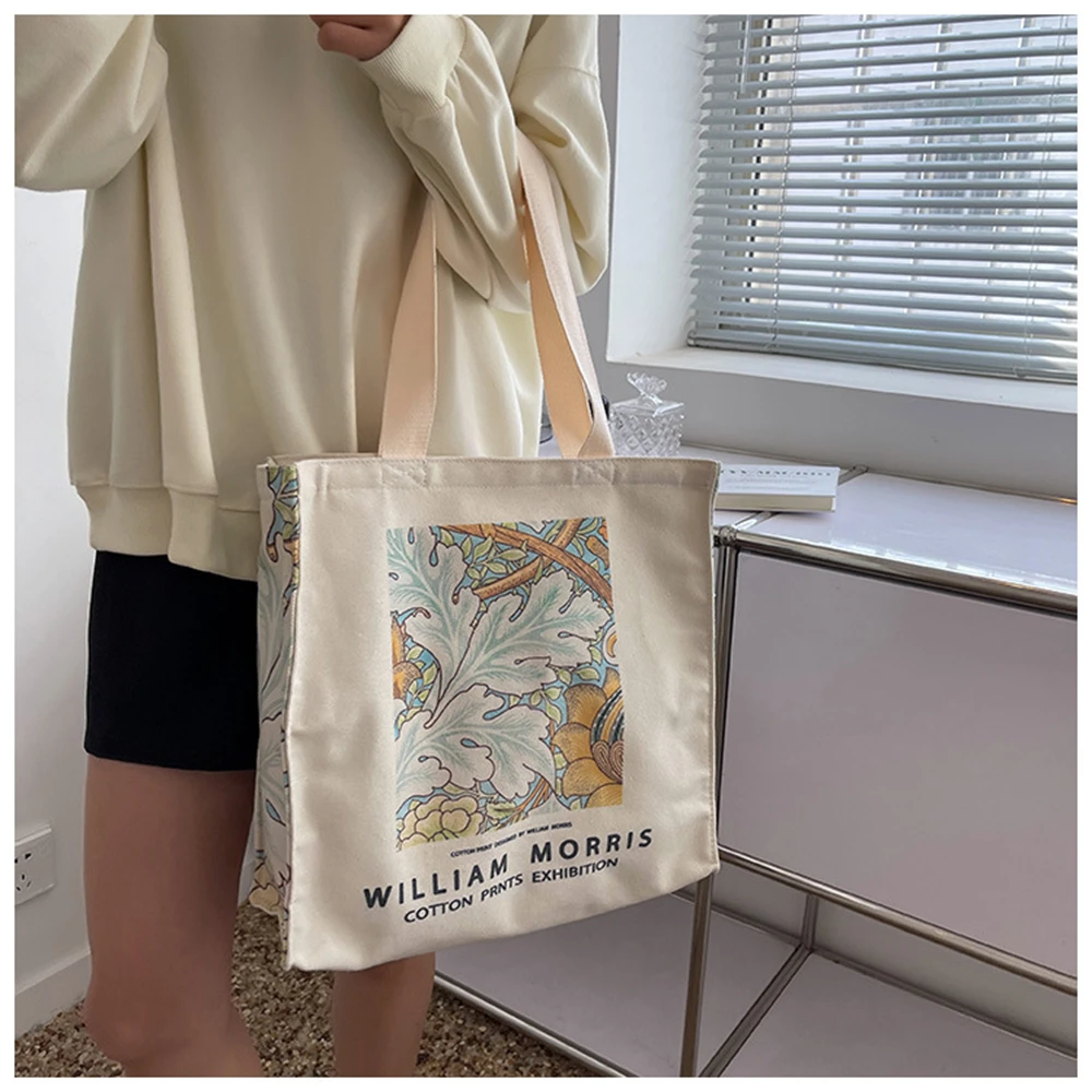 Simple Canvas Female Shoulder Bag William Morris Vintage Oil Painting Zipper Books Handbag Large Tote for Women\'s Shopping Bag