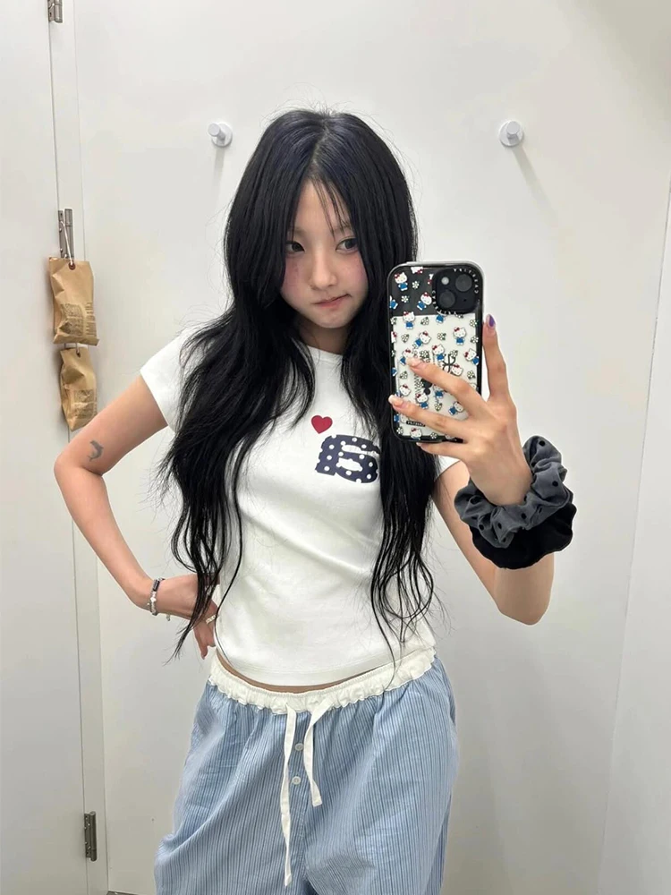 AEAE Letter Print ort Sve T-Shirt Damen Sommer rund Ne Slim Fit Top Casual Sle Baumwolle Reiner Stoff Niedrige Taille