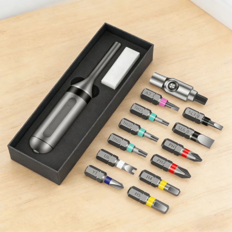 

Новый набор отверток-трещоток 13-в-1 с 12 битами S2, конвертером направления и магнитным хранилищем, рукоятка из авиационного алюминия