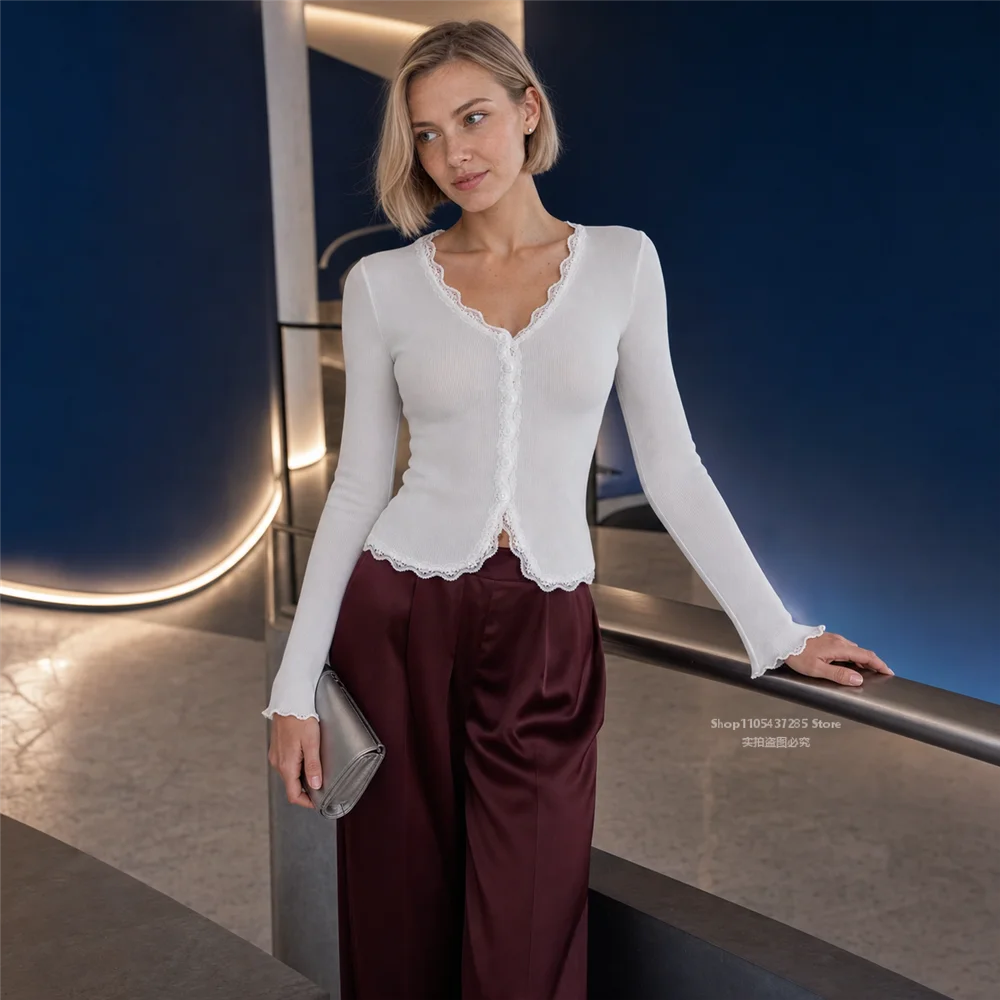 Slim Knit Women Top V Neck Long Sleeve Tops Summer Elegant Tees Spring Autumn Casual Streetwear Vacation Daily T Shirts view 6