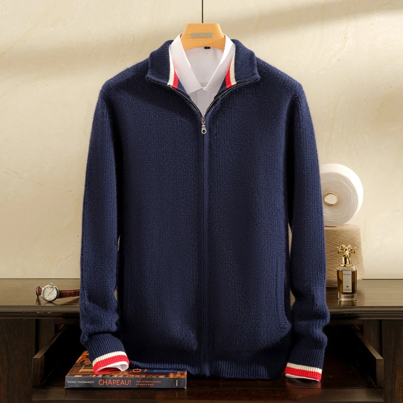 Men's 100% Pure Cashmere Cardigan Winter Thick Knitted Sweater Zipper Lapel Collar Contrasting Coat Comfortable Soft Material