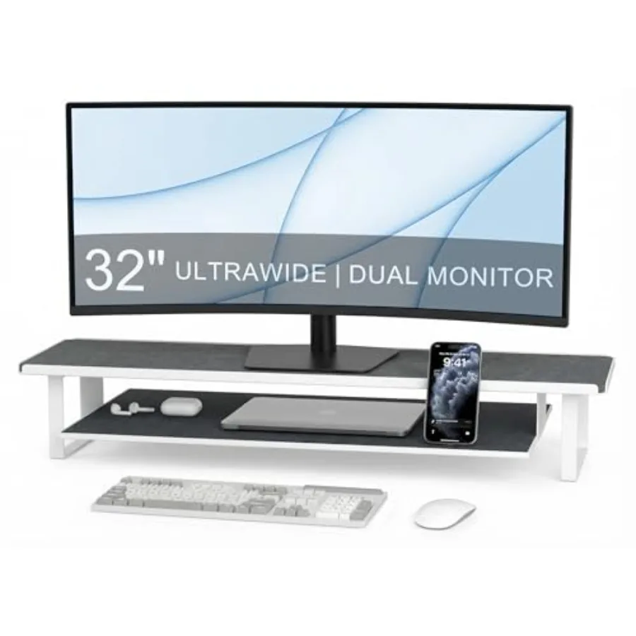 Carbon Steel Dual Monitor Stand 2 Tier Desktop Organizer with Pull-out Storage Drawer 31.5 Heavy Duty Large Monitor Riser Ergon