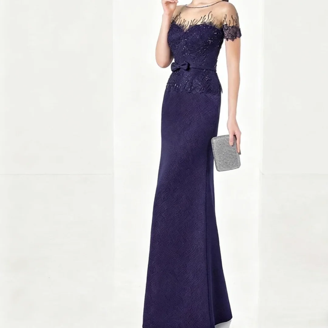 

Crepe Fabric Sheath Evening Dress Navy Blue O-Neck Bow Lace Groom Mother Dresses Exquisite Wedding Guest Dresses Customized