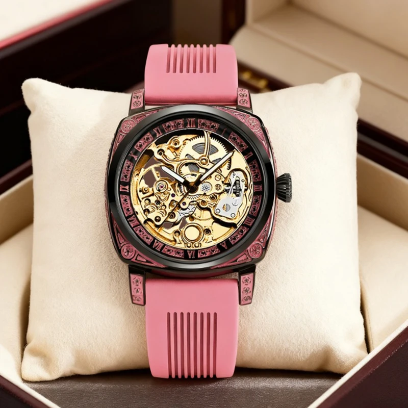 A men's black and pink casual vacation-style fashionable mechanical watch with a delicate engraved strap