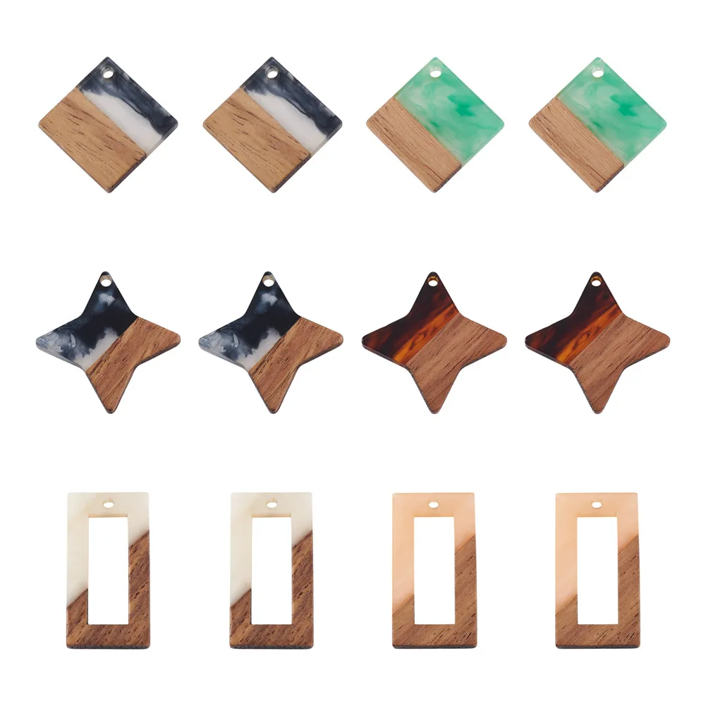 

Resin Wood Earring Charms Two Tone Rhombus Star Rectangle Pendants for Bracelet Connectors Wooden Craft DIY Jewelry Making 12Pcs