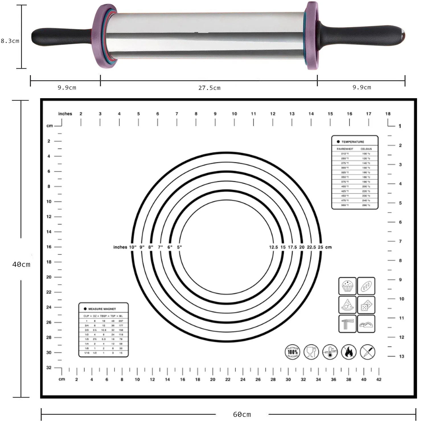 LMETJMA Rolling Pin Stainless Steel Rolling Pin with Silicone Baking Mat Adjustable Roller for Dough Pie Cookies Pizza JT38