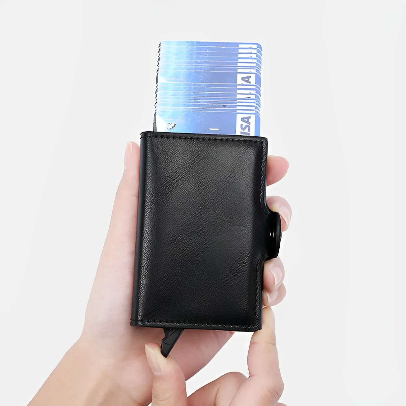 Antykradzieżowy biznesowy futerał na karty kredytowe z włókna węglowego z zapięciem, podwójny metalowy portfel na karty dla mężczyzn