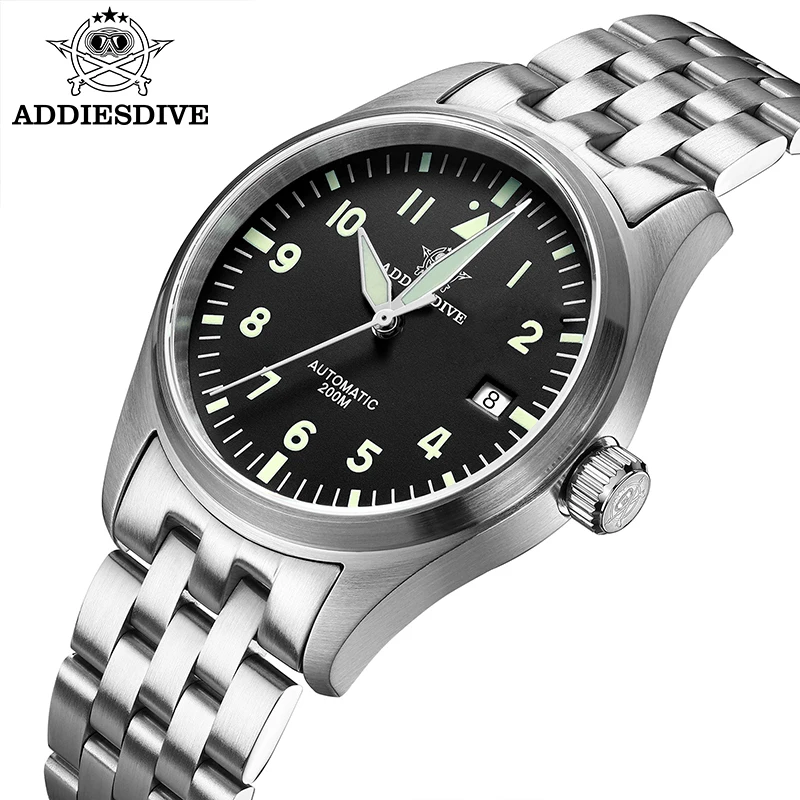 ADDIESDIVE Classic Men\'s watch Sapphire Automatic 8215 Stainless Steel Pilot watch Leather Luminous 200m Diving Dress Watch New