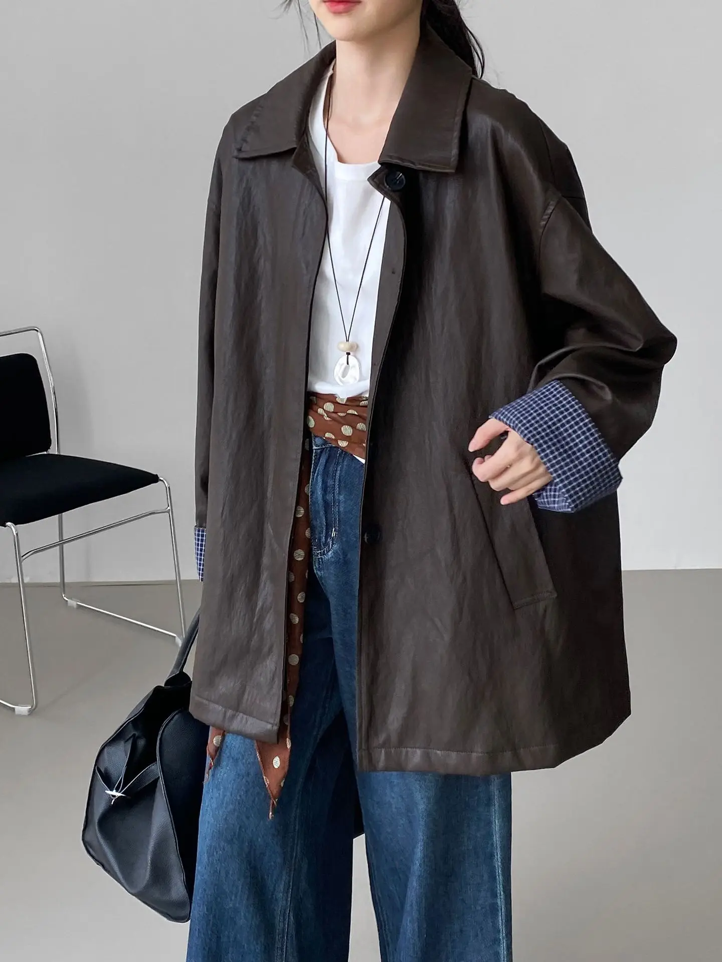 SuperAen rétro col Polo veste en cuir Pu femmes automne nouveau Style coréen mode décontracté Patchwork à manches longues manteau