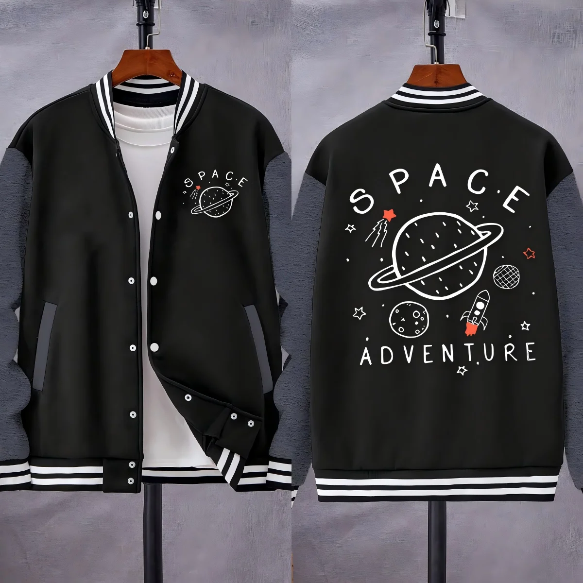 

Мужская бейсбольная форма с креативным принтом Space Adventrue, спортивная флисовая одежда, повседневная куртка большого размера, мягкая американская спортивная одежда
