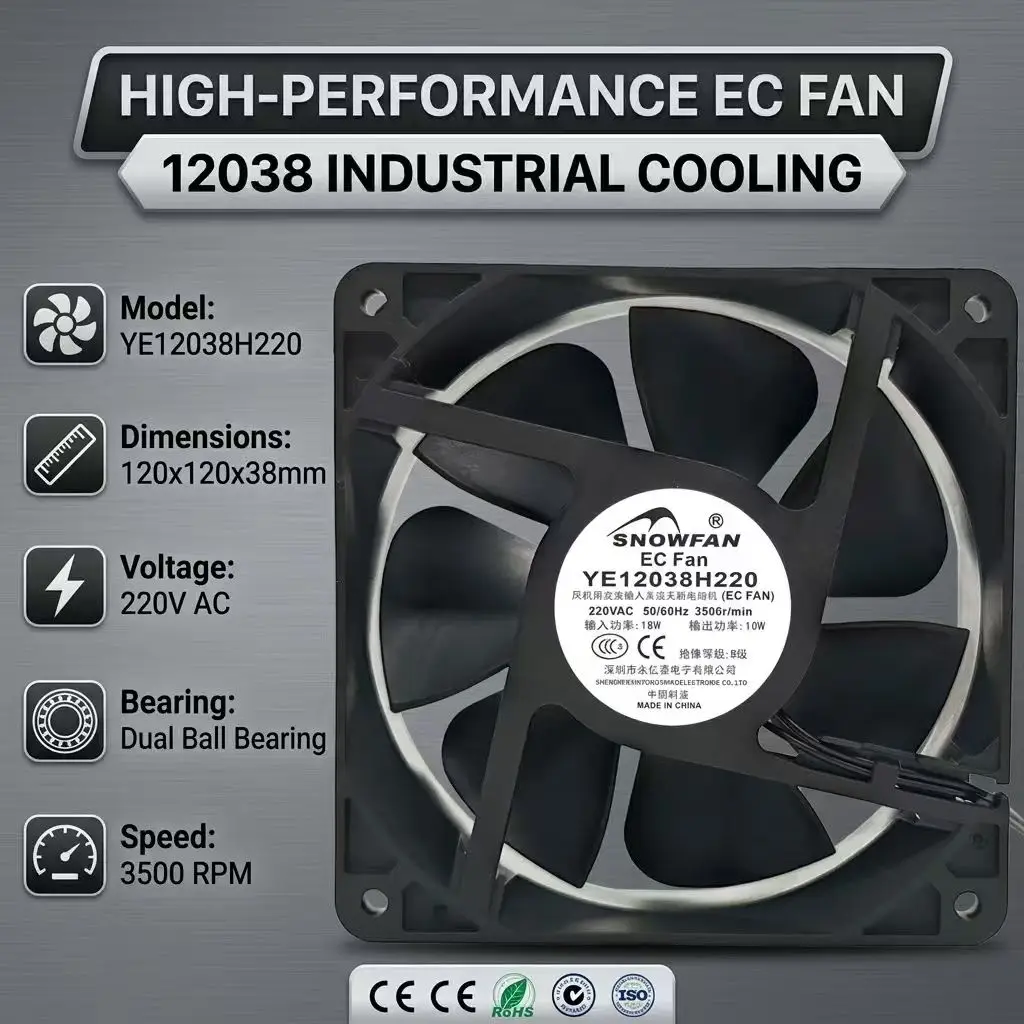For SNOWFAN YE12038H220 AC 220V 12038 120x120x38mm 3500RPM EC High Speed Double Ball Bearing Server Inverter Chassis Cooler Fan
